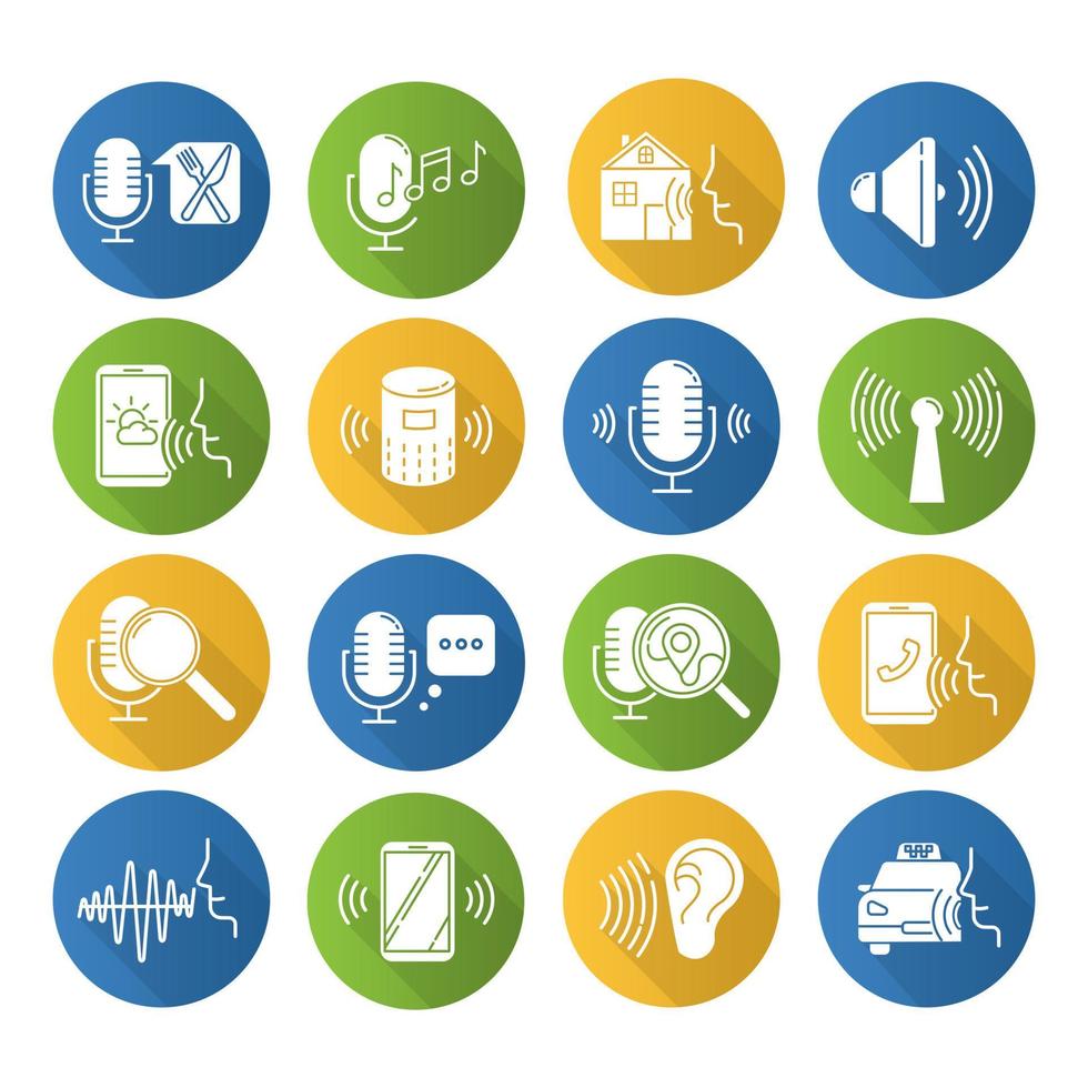 conjunto de iconos de glifo de sombra larga de diseño plano de control de voz. idea de solicitud de sonido. proceso de reconocimiento de voz. modos de uso del micrófono. aplicaciones controladas a distancia. ilustración de silueta vectorial vector