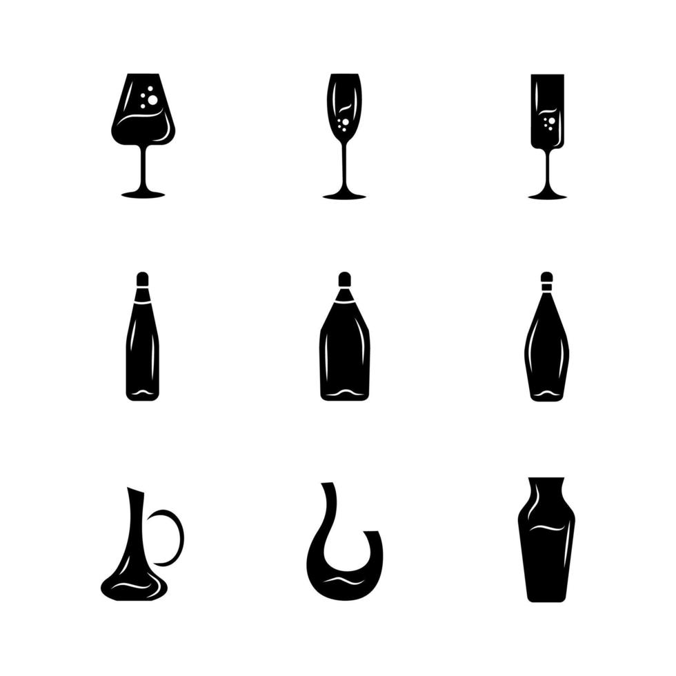 conjunto de iconos de glifo de cristalería de bodega. diferentes tipos de vino. decantadores, botellas, vasos. Bebidas de aperitivo, cócteles, bebidas alcohólicas. símbolos de silueta. ilustración vectorial aislada vector