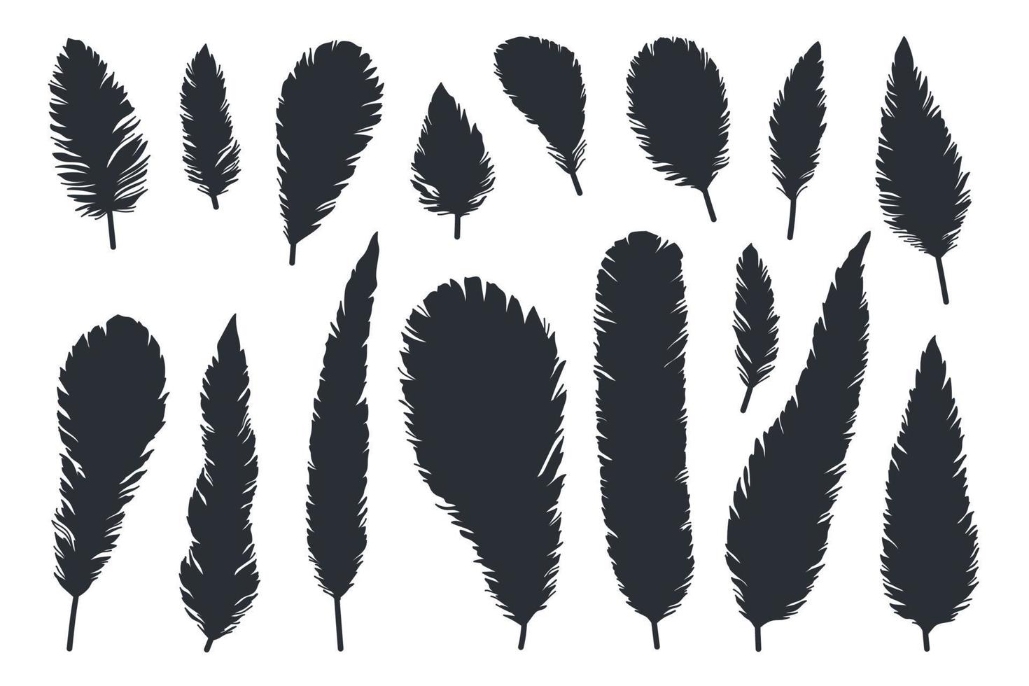 Bird feathers, black silhouettes closeup isolated on white background set. vector