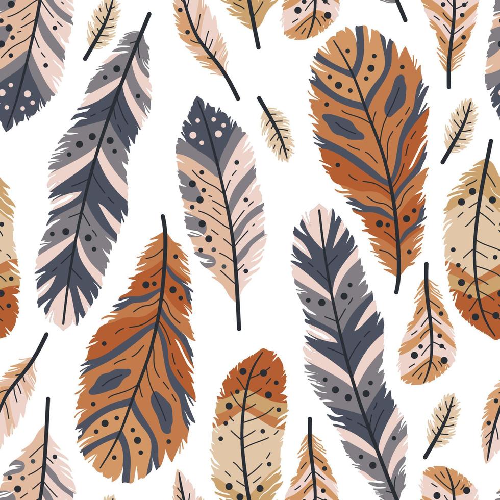 Rustic decorative tribal feathers. Seamless pattern of animals feathers vector