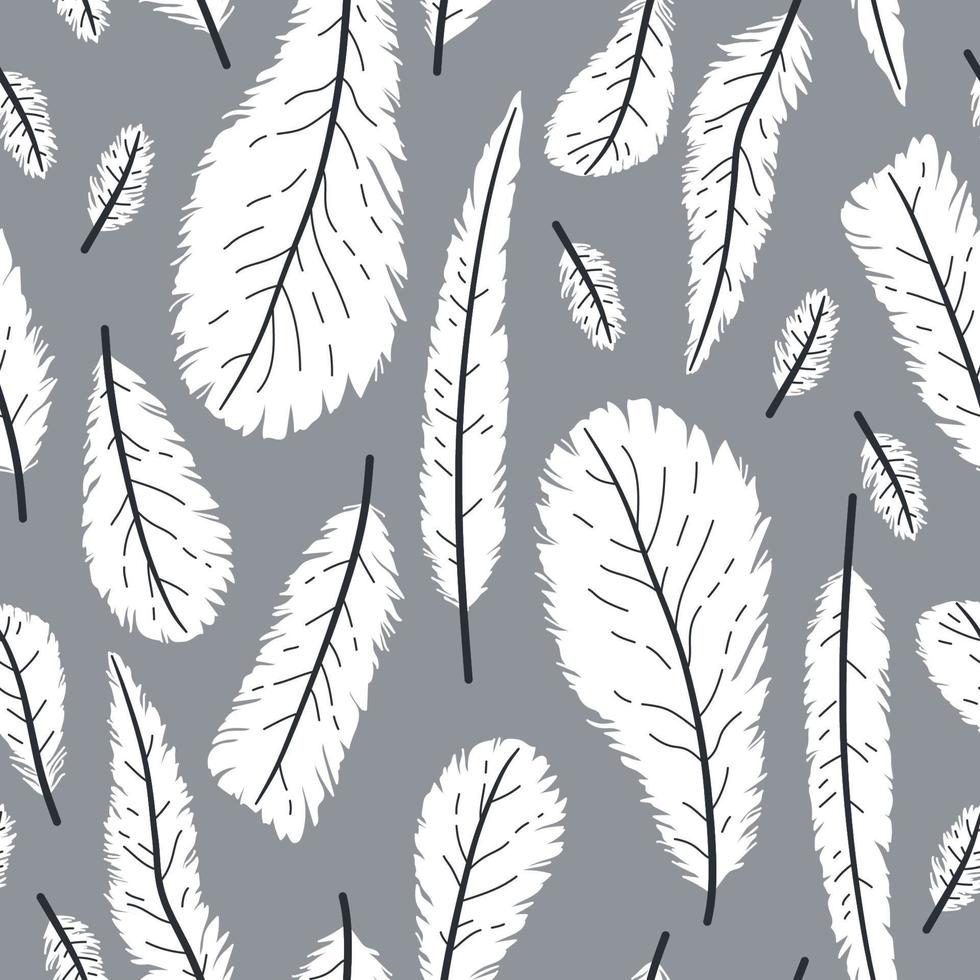 Hand drawn white bird feathers, in flat style seamless pattern vector