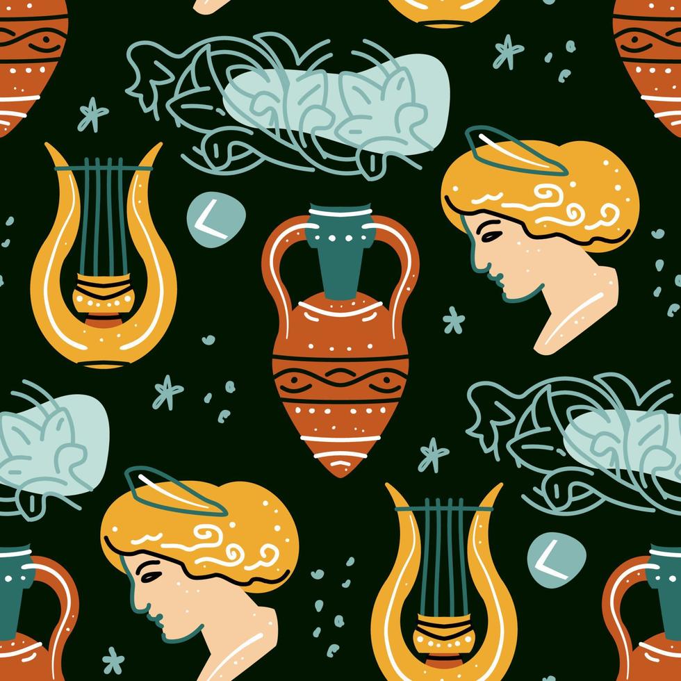 Seamless pattern with antique statue of woman, amphora, harp, pattern vector