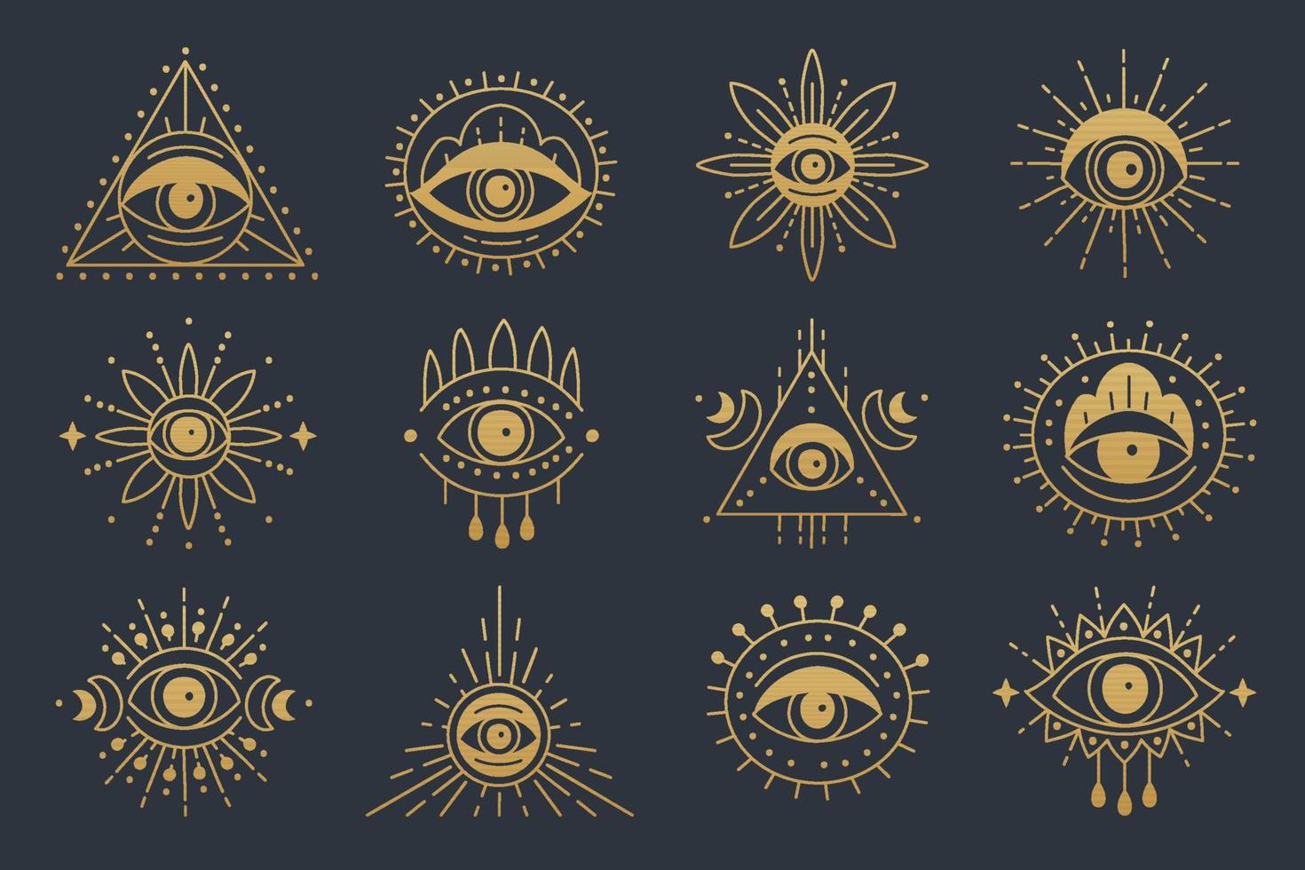 conjunto de iconos de arte de línea de mal de ojo dorado en estilo lineal vector