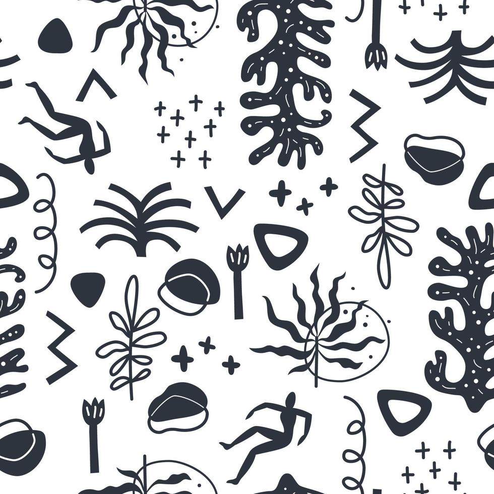 Abstract black and white shapes seamless pattern matisse style wallpaper. vector