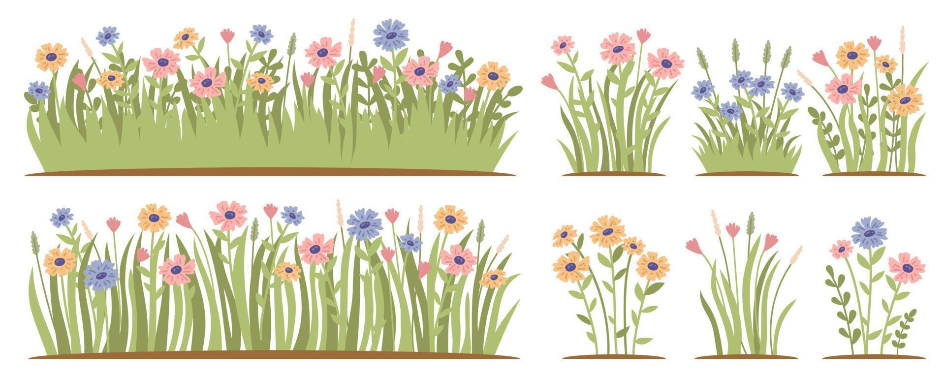 bosque de primavera y flores de jardín aislado en conjunto blanco vector