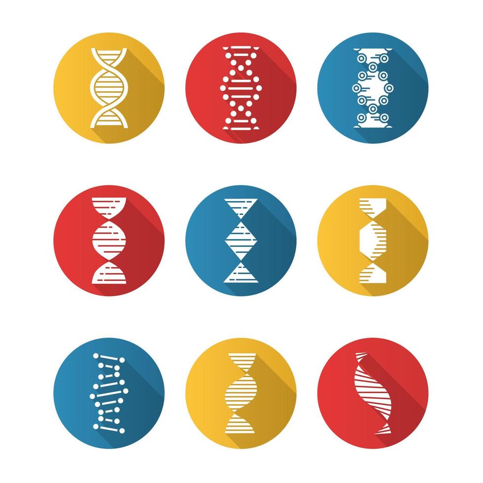 DNA spirals flat design long shadow glyph icons set. Deoxyribonucleic, nucleic acid helix. Spiraling strands. Chromosome. Molecular biology. Genetic code. Genetics. Vector silhouette illustration