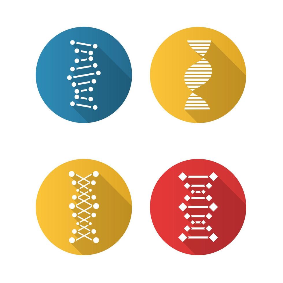 DNA chain flat design long shadow glyph icons set. Deoxyribonucleic, nucleic acid helix. Spiraling strand. Chromosome. Molecular biology. Genetic code. Genome. Genetics. Vector silhouette illustration