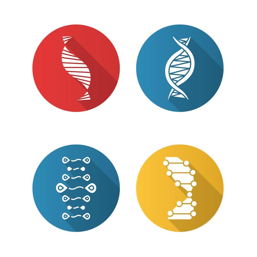 DNA strands flat design long shadow glyph icons set. Deoxyribonucleic, nucleic acid helix. Spiraling strands. Chromosome. Molecular biology. Genetic code. Genetics. Vector silhouette illustration