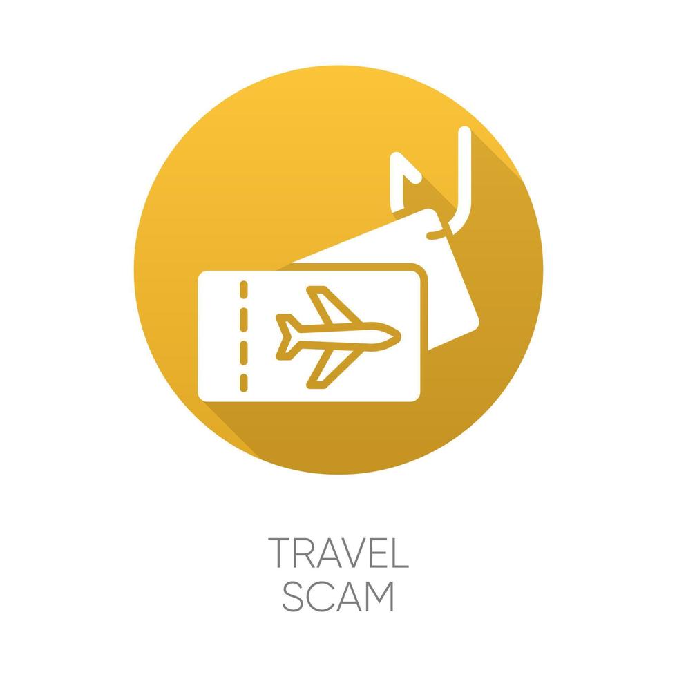 Travel scam yellow flat design long shadow glyph icon. Fake vacation ad. Unrealistic conditions. Free tickets trick. Financial fraud. Cybercrime. Fraudulent scheme. Vector silhouette illustration