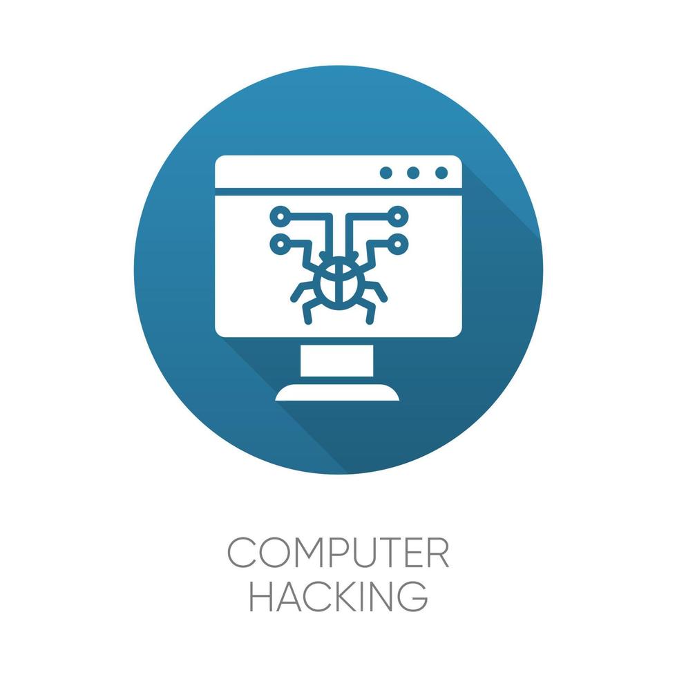 Computer hacking blue flat design long shadow glyph icon. Illegal access gain. Security breach. Malware, ransomware. Phishing, cybercrime. Fraudulent scheme. Vector silhouette illustration