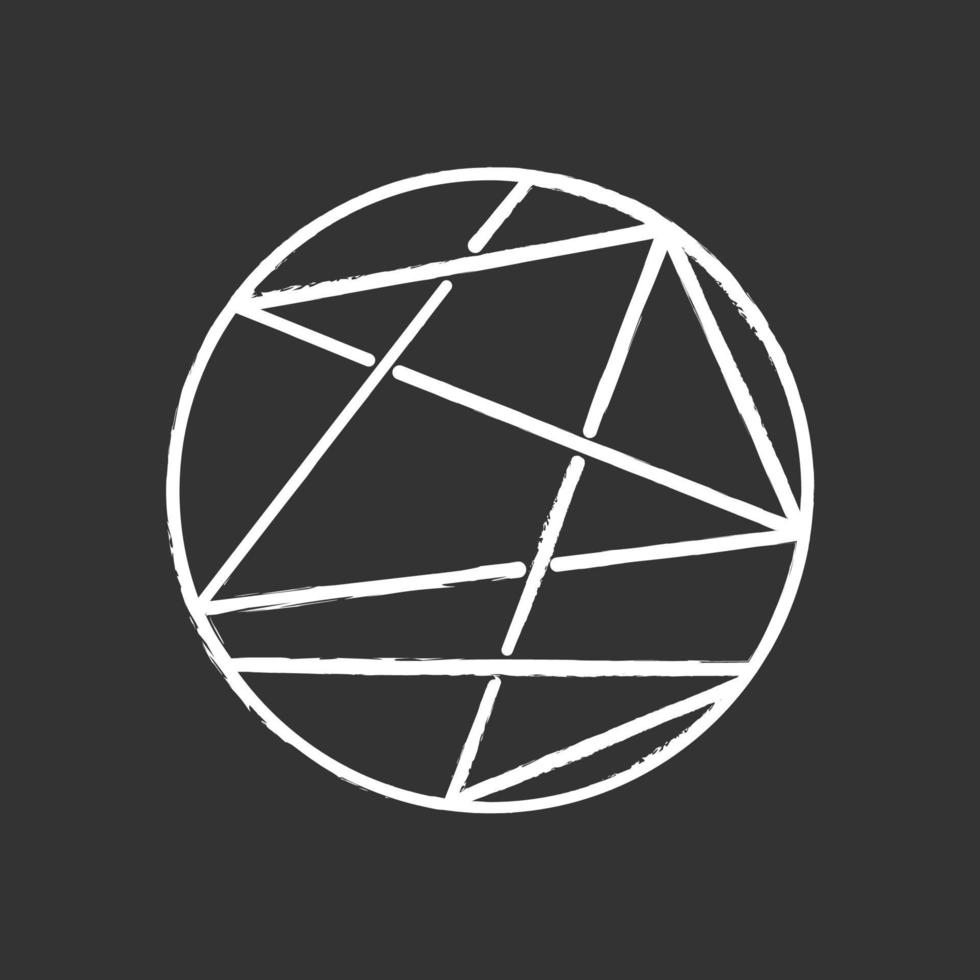 Round figure chalk icon. Circle crossed with lines. Decorative element. Lines enclosed in sphere. Striped geometric figure. Abstract shape. Isometric form. Isolated vector chalkboard illustration