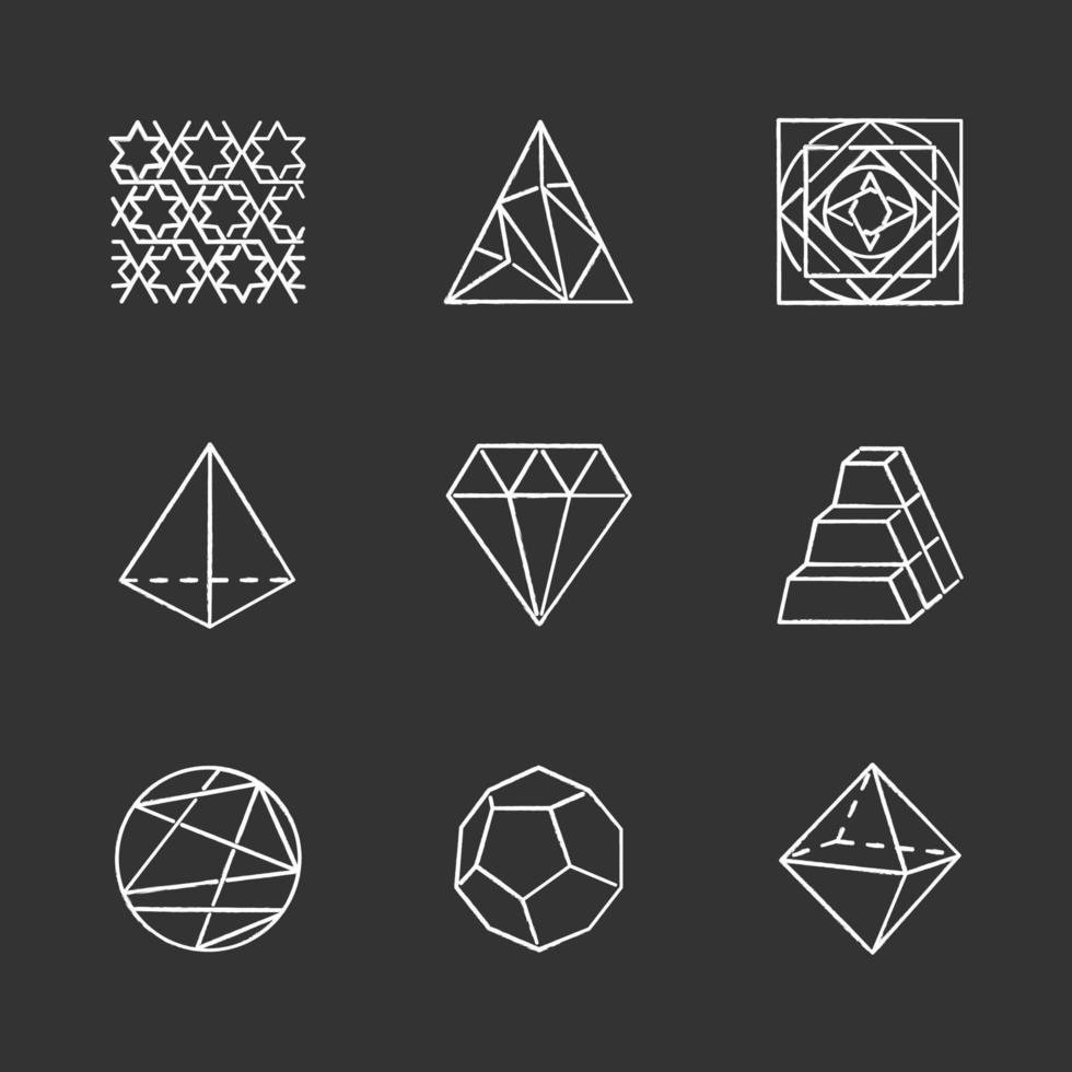 Geometric figures chalk icons set. Abstract shapes. Isometric forms. Geometric ornament. Polygonal triangle. Double pyramid. Ornamental square. Lined circle. Isolated vector chalkboard illustrations