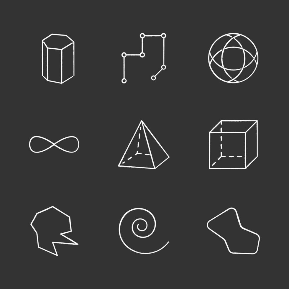 Geometric figures chalk icons set. Prism model. Connected lines. Complex striped circle. Eternity sign. Pyramid, cube. Round abstract shapes. Isometric forms. Isolated vector chalkboard illustrations