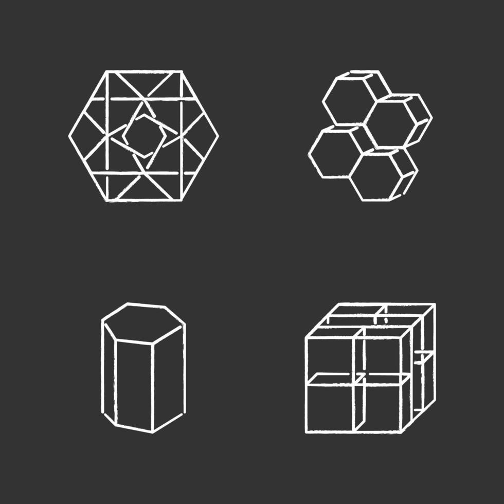 Geometric figures chalk icons set. Hexagon with ornate curves. Dimensional six corner combs. Prism model. Cube with grid. Abstract shapes. Isometric forms. Isolated vector chalkboard illustrations