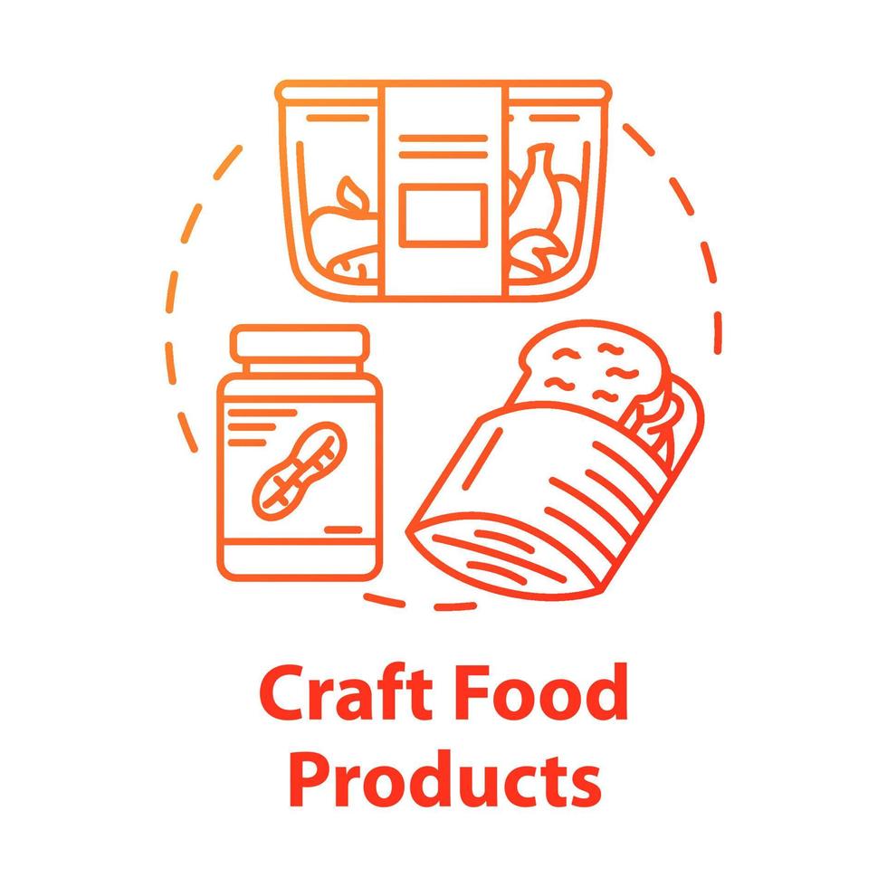 Craft food products concept icon. Crispbread, peanut butter, fruits. Vegetarian diet. Artisanal food. Healthy meal idea thin line illustration. Vector isolated outline drawing