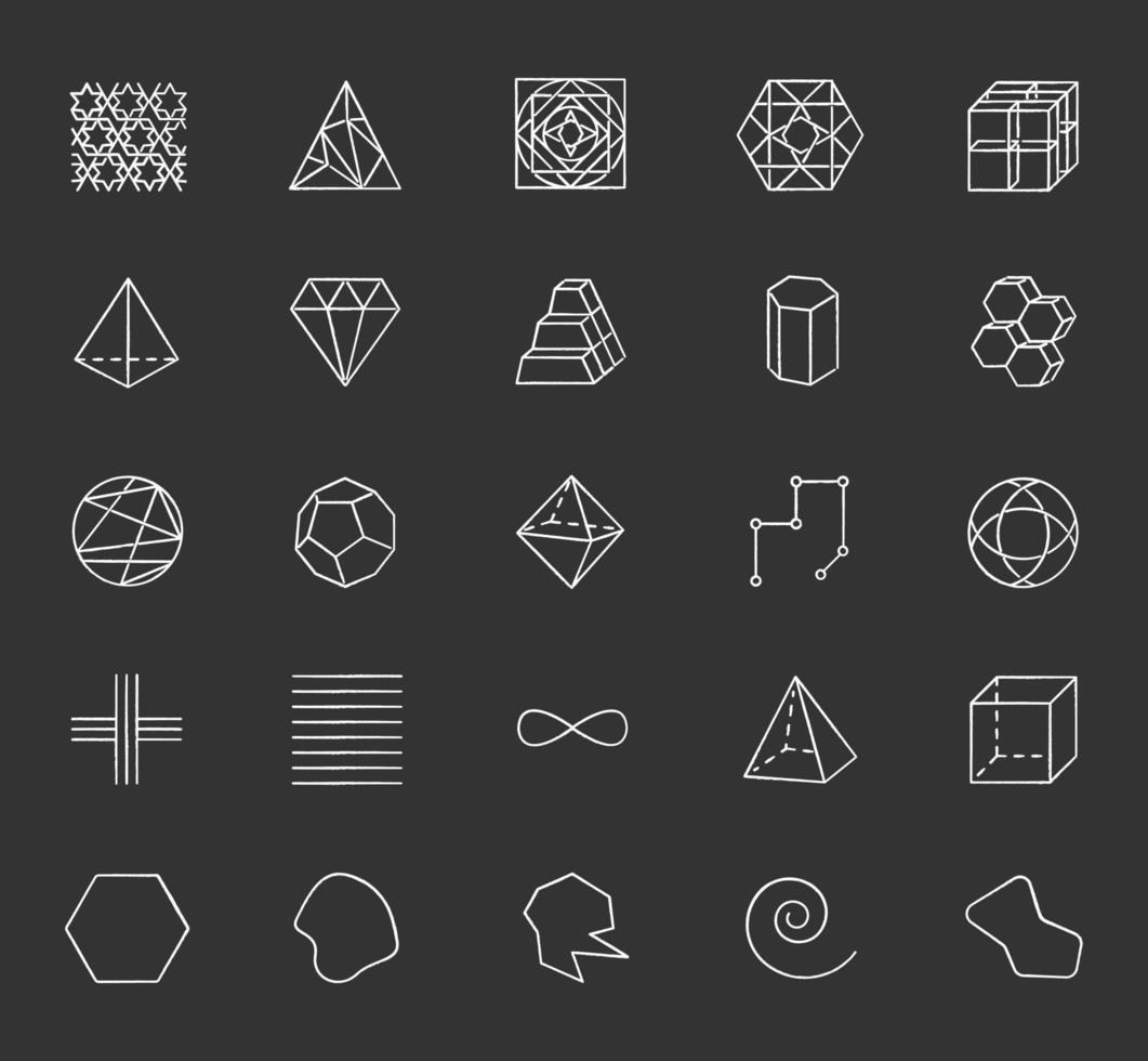 Geometric figures chalk icons set. Squares, circles and triangles. Pyramid. Prism models. Complex abstract shapes. Isometric forms with lines and curves. Isolated vector chalkboard illustrations