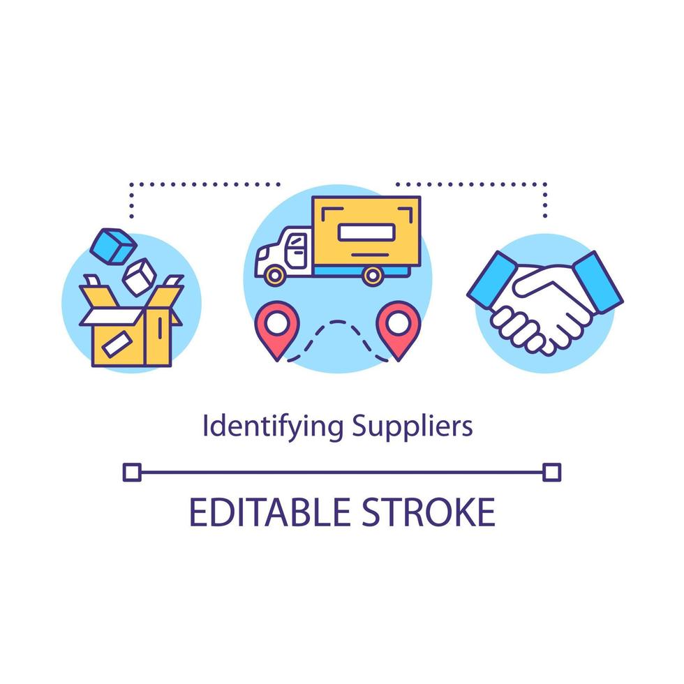 Indentifying suppliers concept icon. Local production system idea thin line illustration. Delivery of products. Logistics and distribution. Vector isolated outline drawing. Editable stroke