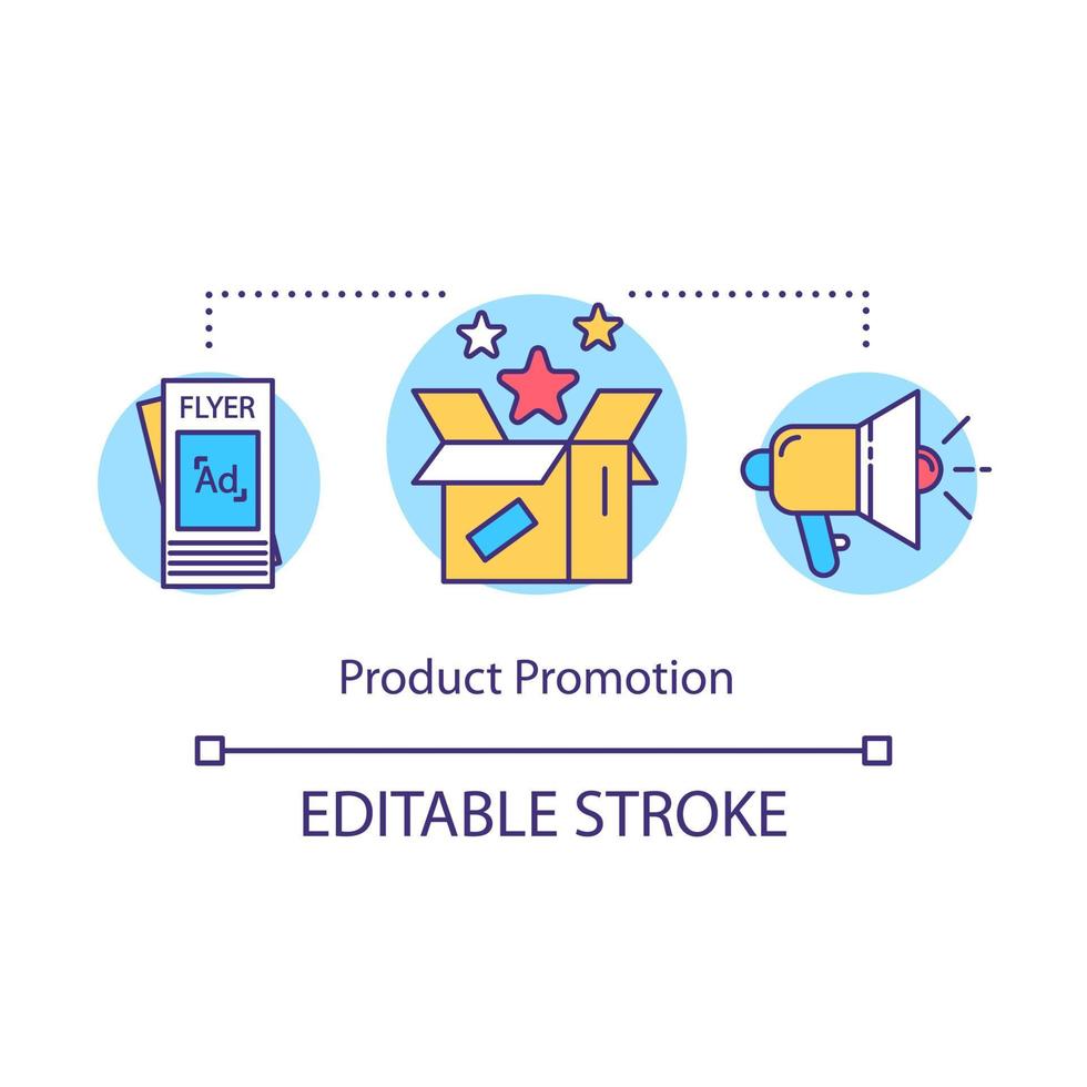 Product promotion concept icon. Local production idea thin line illustration. Flyers with ads. Sales and discounts. Openning, anniversary celebration. Vector isolated outline drawing. Editable stroke