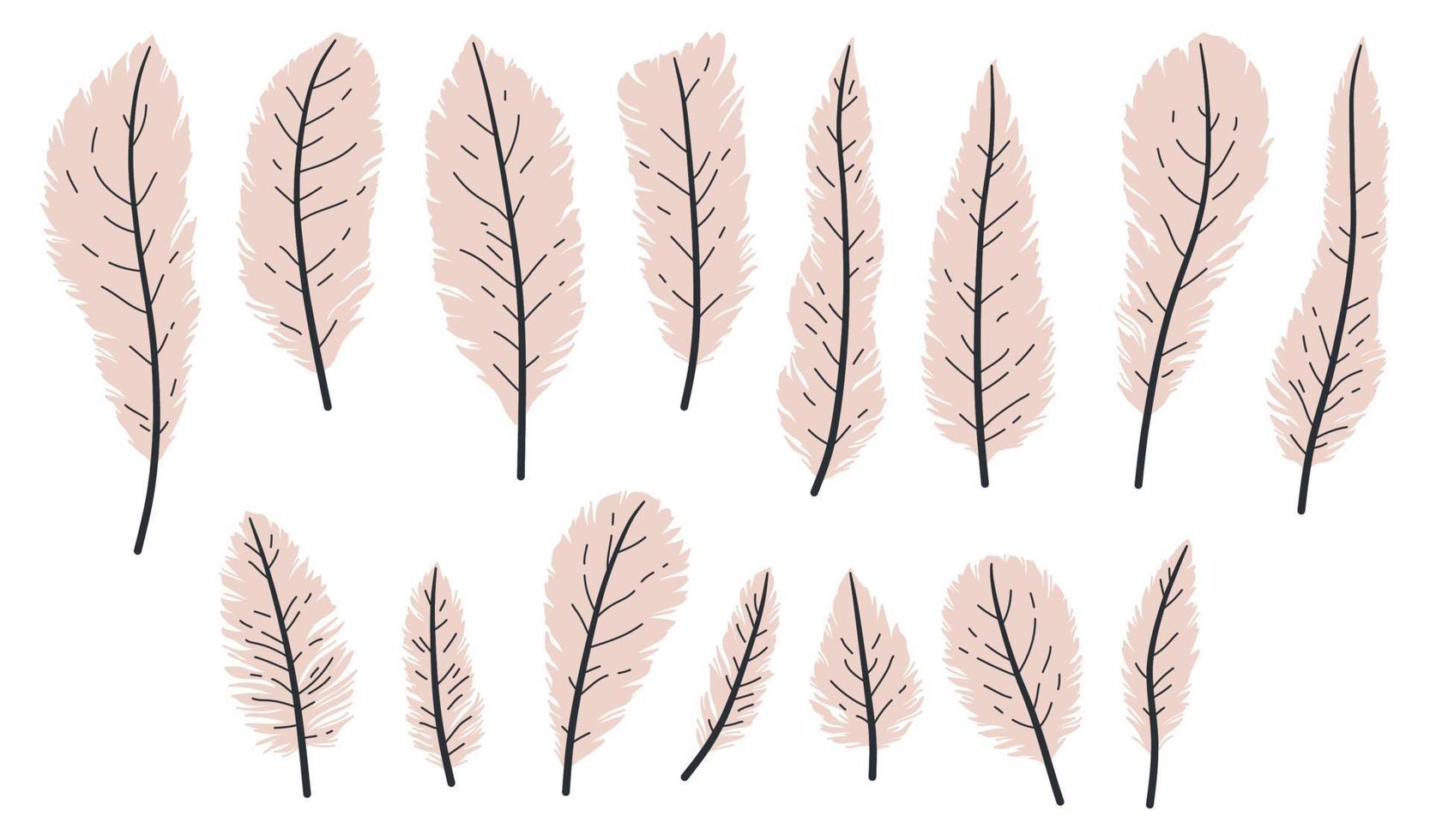 Hand drawn white bird feathers, in flat style isolated on white background set. vector