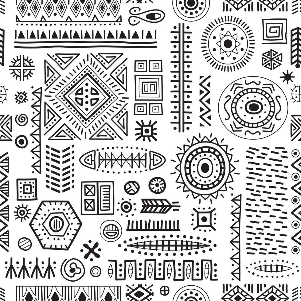 Black and white seamless background African tribal geometric shapes pattern. vector