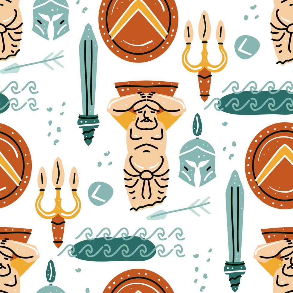 Seamless pattern with antique statue of man, shield, sword, helmet, meander vector