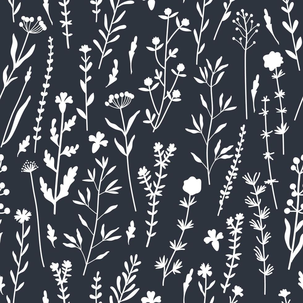 Seamless pattern of botanical elements silhouettes. Wild plants vector