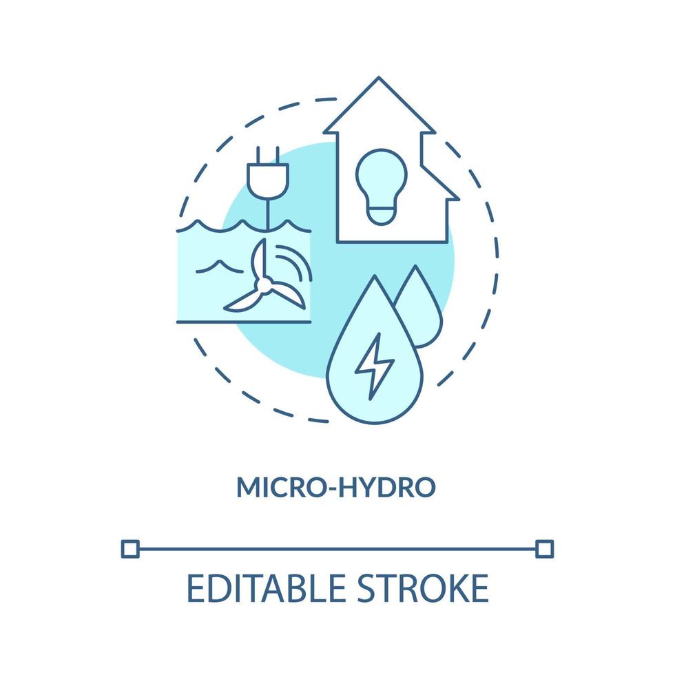 Micro hydro turquoise concept icon. Rural electrification technology abstract idea thin line illustration. Isolated outline drawing. Editable stroke. Roboto-Medium, Myriad Pro-Bold fonts used vector