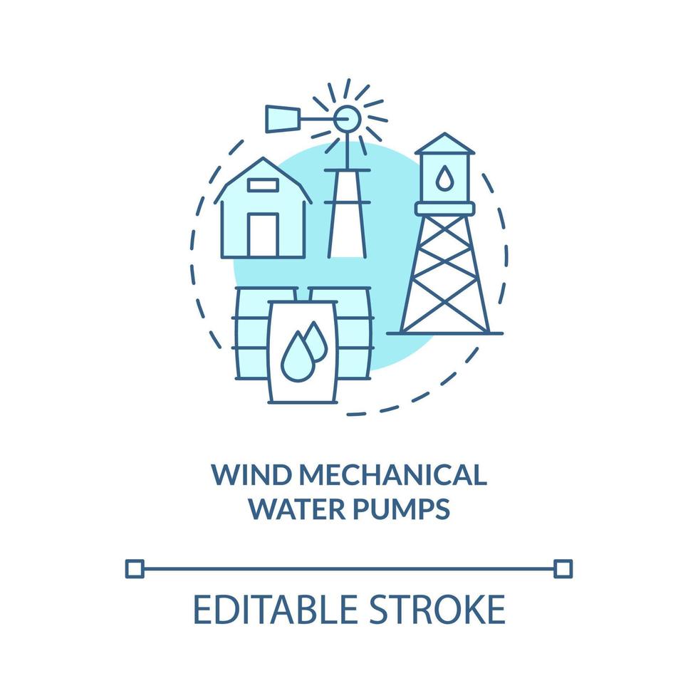 Wind mechanical water pumps turquoise concept icon. Rural electrification abstract idea thin line illustration. Isolated outline drawing. Editable stroke. Roboto-Medium, Myriad Pro-Bold fonts used vector