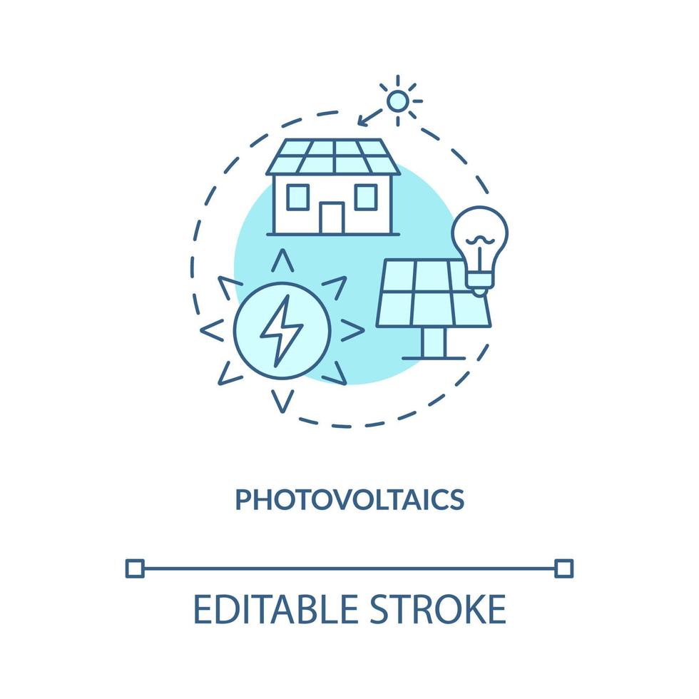 Photovoltaics turquoise concept icon. Rural electrification technology abstract idea thin line illustration. Isolated outline drawing. Editable stroke. Roboto-Medium, Myriad Pro-Bold fonts used vector