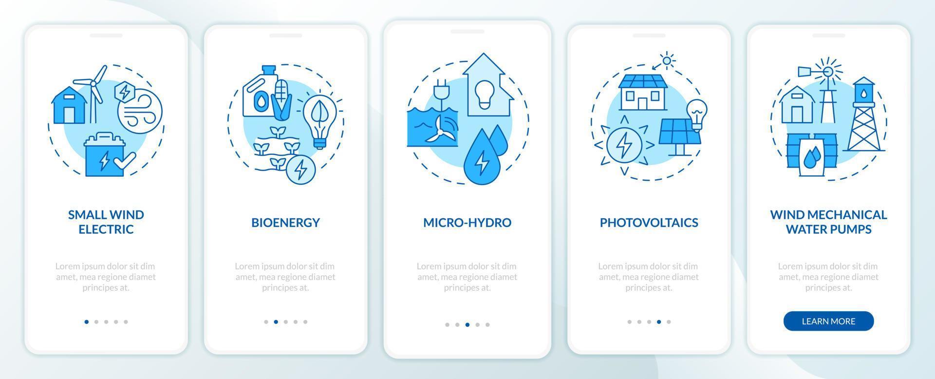 Rural electrification technology blue onboarding mobile app screen. Walkthrough 5 steps graphic instructions pages with linear concepts. UI, UX, GUI template. Myriad Pro-Bold, Regular fonts used vector