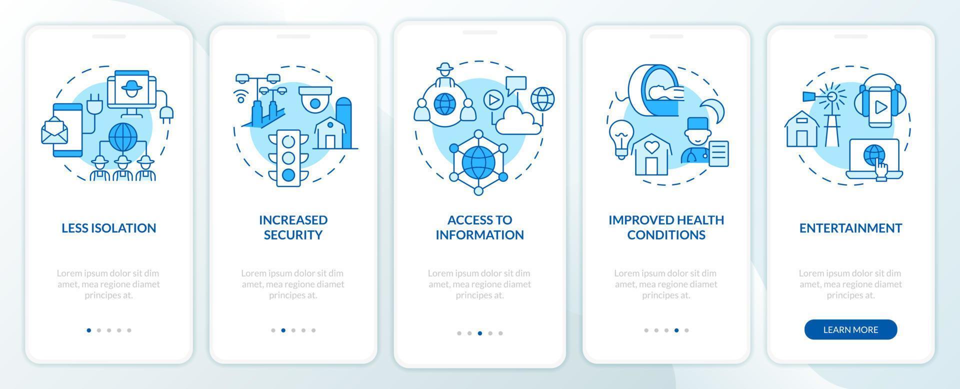 Benefits of energy services and RE blue onboarding mobile app screen. Walkthrough 5 steps graphic instructions pages with linear concepts. UI, UX, GUI template. Myriad Pro-Bold, Regular fonts used vector