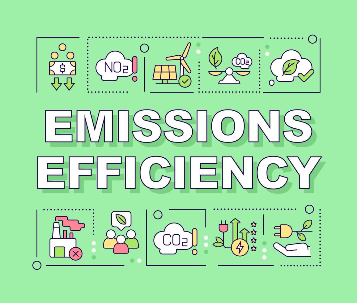 Emissions efficiency word concepts green banner. Alternative energy. Infographics with linear icons on background. Isolated typography. Vector color illustration with text. Arial-Black font used