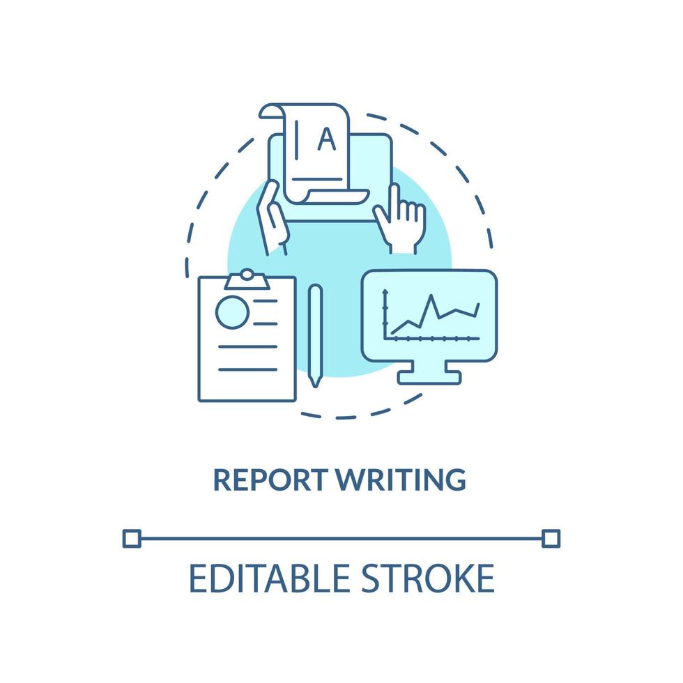 Report writing turquoise concept icon. Improve decision-making abstract idea thin line illustration. Material presentation. Isolated outline drawing. Editable stroke. Arial, Myriad Pro-Bold fonts used vector