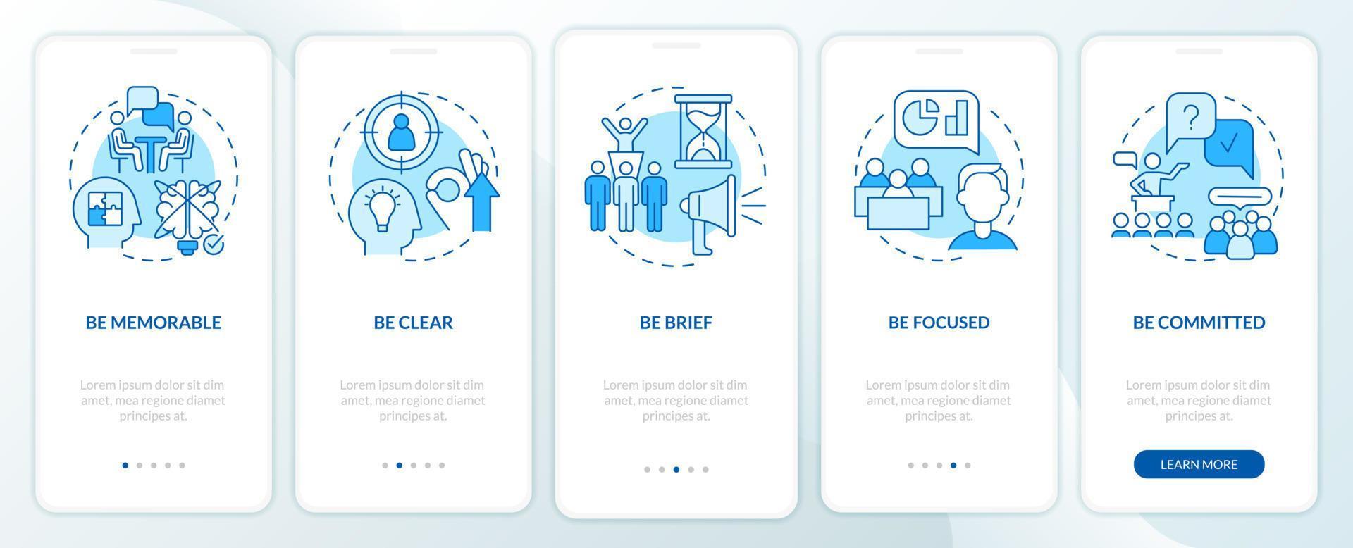 Business communication etiquette blue onboarding mobile app screen. Walkthrough 5 steps graphic instructions pages with linear concepts. UI, UX, GUI template. Myriad Pro-Bold, Regular fonts used vector