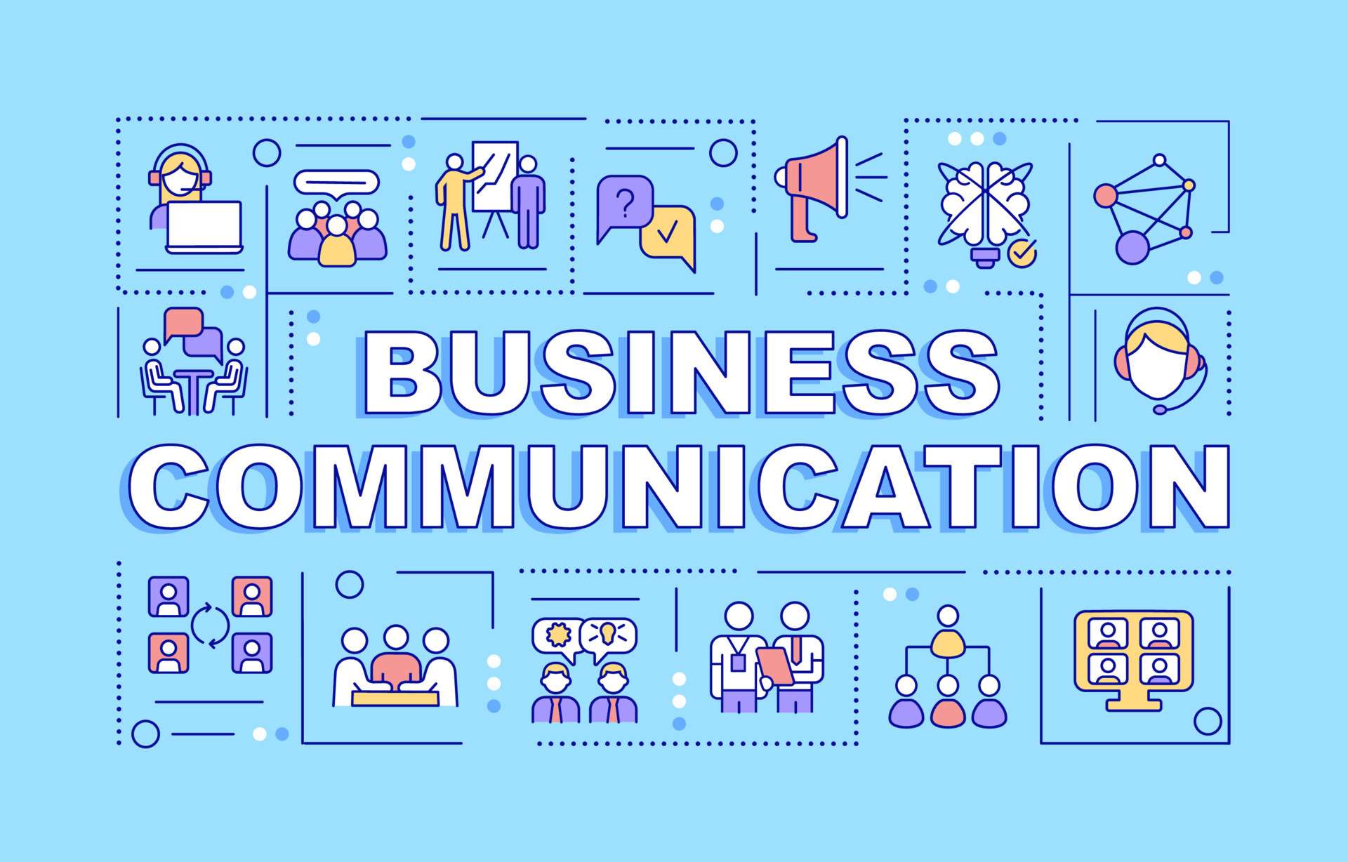 Business communication word concepts blue banner. Working relationships. Infographics with