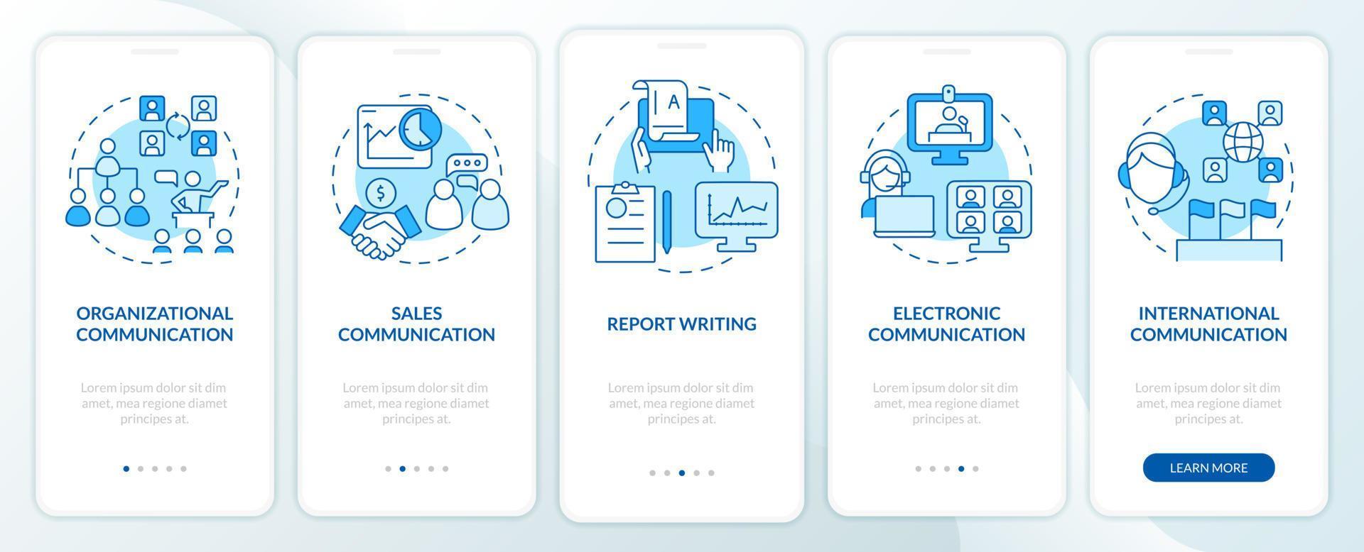 Professional communication forms blue onboarding mobile app screen. Walkthrough 5 steps graphic instructions pages with linear concepts. UI, UX, GUI template. Myriad Pro-Bold, Regular fonts used vector