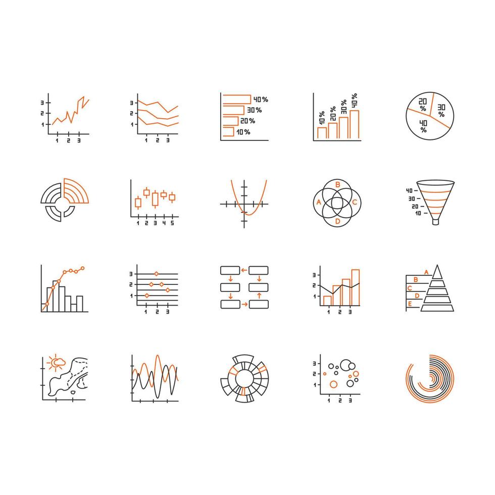 conjunto de iconos lineales de gráfico y gráfico. diagrama redondo. histograma gráfico de área curva de Pareto. mapa de temperatura reloj polar símbolos de contorno de línea delgada. ilustraciones aisladas de contorno vectorial. trazo editable vector