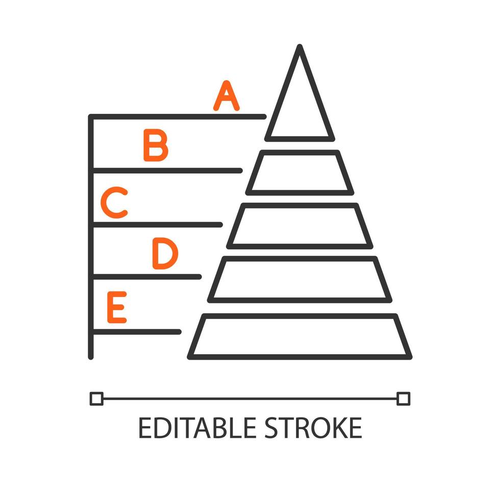 Pyramid graph linear icon. Info hierarchy chart. Data connection presentation. Business model visualisation. Thin line illustration. Contour symbol. Vector isolated outline drawing. Editable stroke