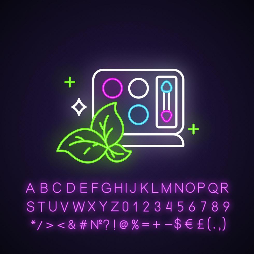 Compact eyeshadow palette neon light icon. Eye makeup kit. Visage beauty aid item. Pressed shadows. Organic cosmetics. Glowing sign with alphabet, numbers and symbols. Vector isolated illustration