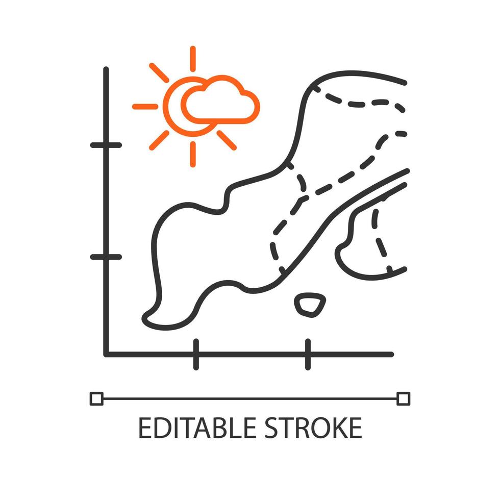 Temperature map linear icon. Weather forecast presentation. Information graph, data chart. Seismic activity. Thin line illustration. Contour symbol. Vector isolated outline drawing. Editable stroke