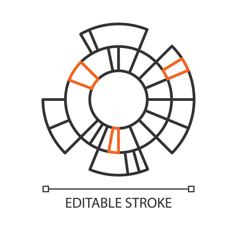 Sunburst diagram linear icon. Radial chart. Round information presentation graph. Hierarchy visualization. Thin line illustration. Contour symbol. Vector isolated outline drawing. Editable stroke