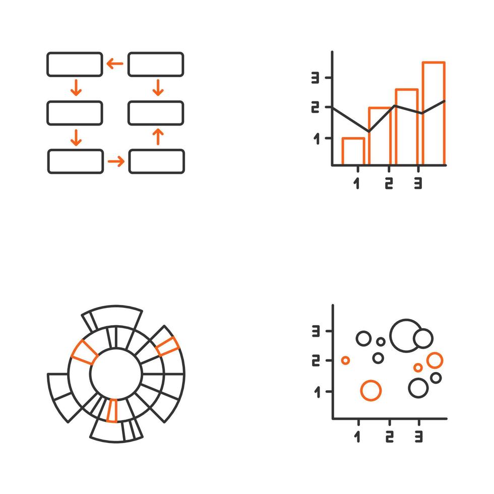 Chart and graph linear icons set. Data connection. Mixed chart. Sunburst radial diagram. Scatter bubble chart. Thin line contour symbols. Isolated vector outline illustrations. Editable stroke