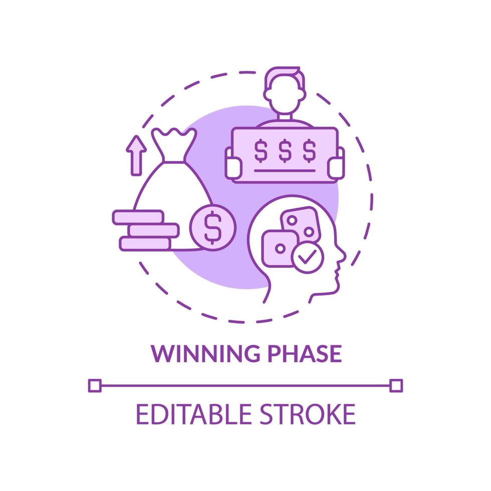 Winning phase purple concept icon. Compulsive betting. Gambling psychology increasing abstract idea thin line illustration. Isolated outline drawing. Editable stroke. Arial, Myriad Pro-Bold fonts used vector