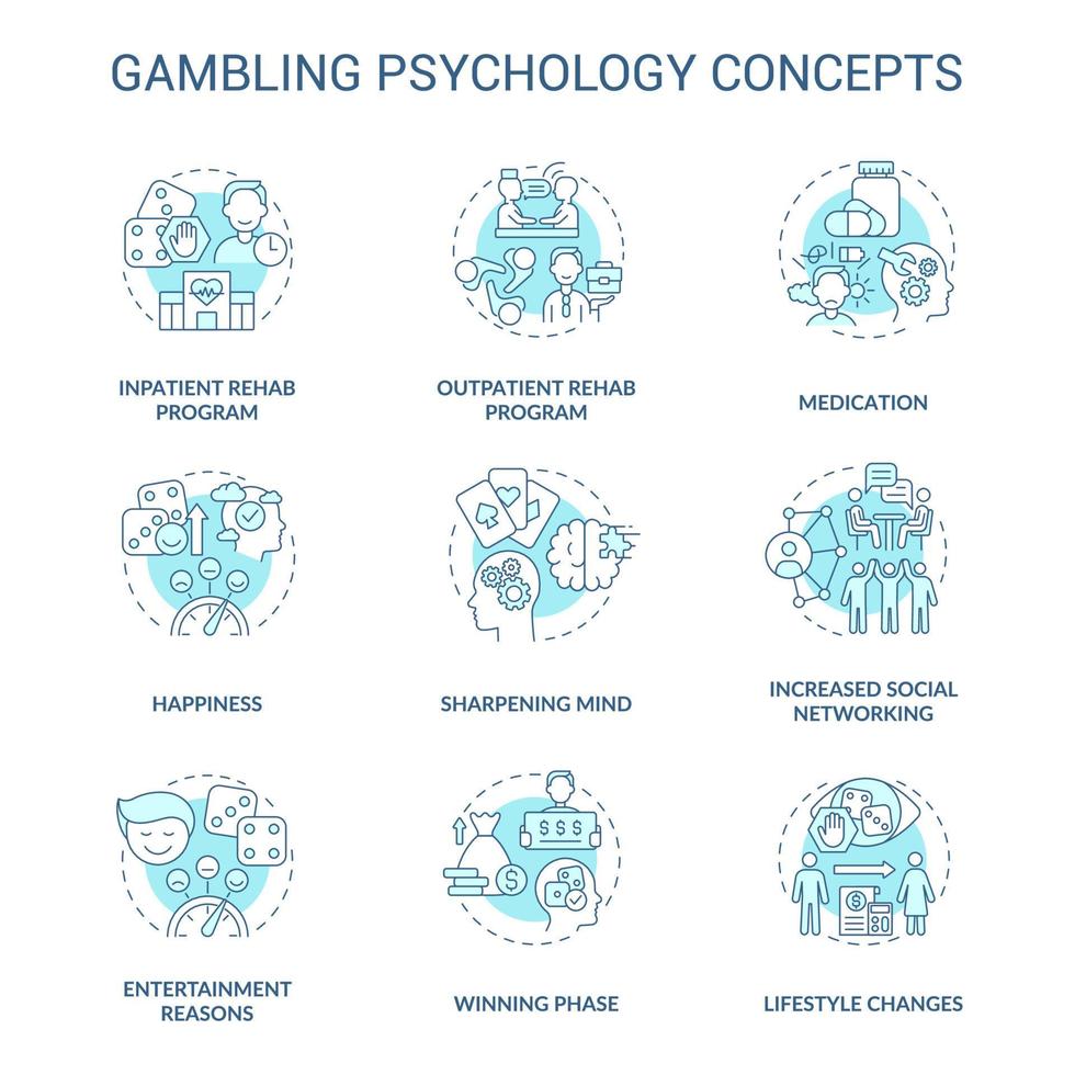 Gambling psychology turquoise concept icons set. Mental issues. Treatment and overcoming idea thin line color illustrations. Isolated outline drawings. Roboto-Medium, Myriad Pro-Bold fonts used vector