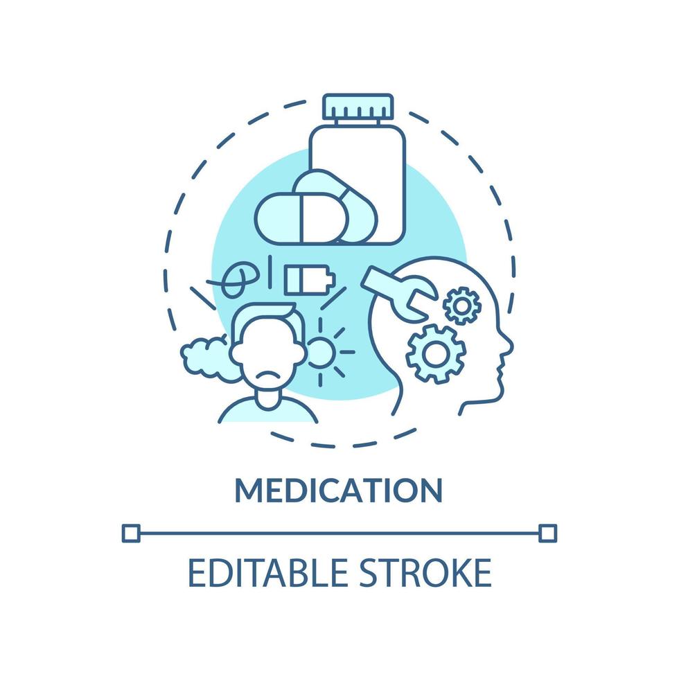 Medication turquoise concept icon. Mental health. Compulsive gambling treatment abstract idea thin line illustration. Isolated outline drawing. Editable stroke. Arial, Myriad Pro-Bold fonts used vector