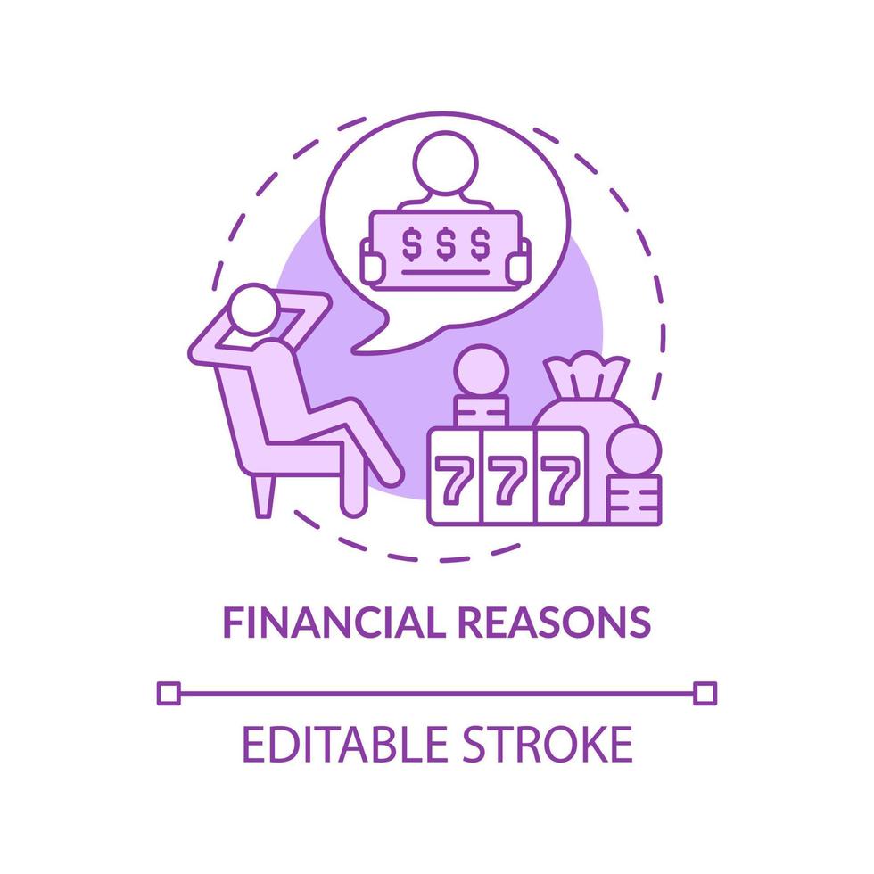 Financial reasons purple concept icon. Wishing to get jackpot. Reason to gamble abstract idea thin line illustration. Isolated outline drawing. Editable stroke. Arial, Myriad Pro-Bold fonts used vector