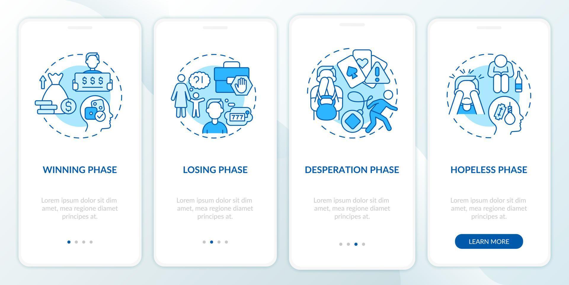 Phases of gambling addiction blue onboarding mobile app screen. Disorder walkthrough 4 steps graphic instructions pages with linear concepts. UI, UX, GUI template. Myriad Pro-Bold, Regular fonts used vector