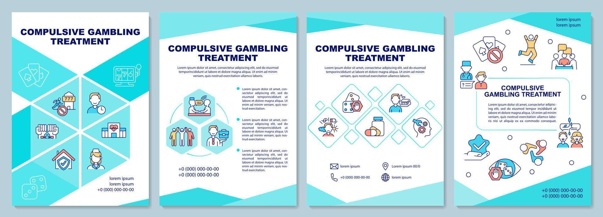 Compulsive gambling treatment turquoise brochure template. Booklet print design with linear icons. Vector layouts for presentation, annual reports, ads. Arial-Black, Myriad Pro-Regular fonts used