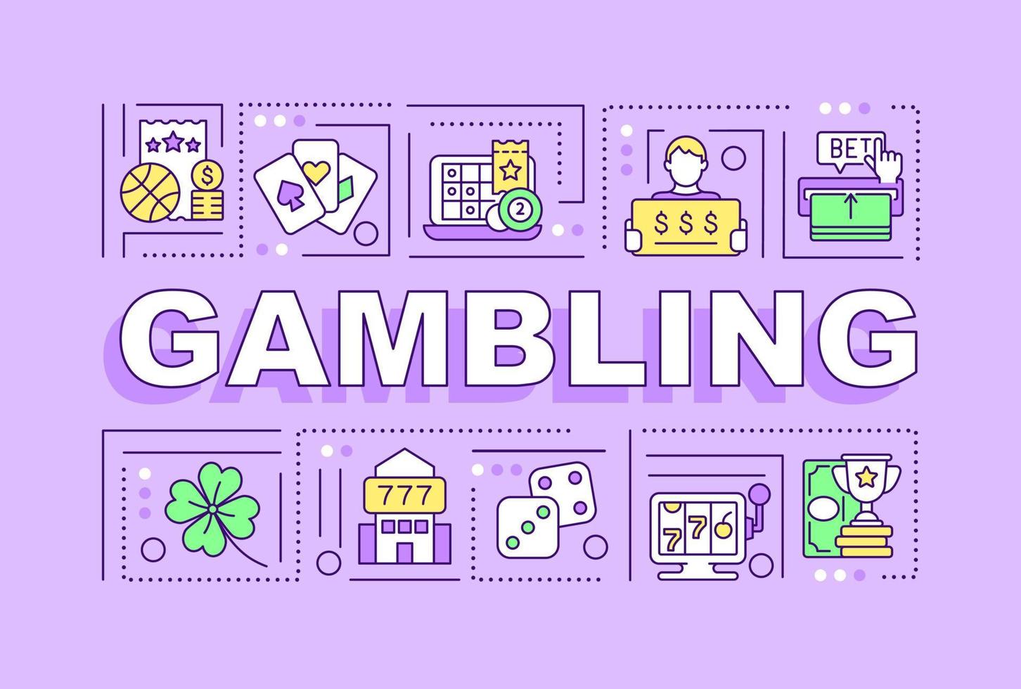 Gambling word concepts lilac banner. Betting psychology. Infographics with linear icons on background. Isolated typography. Vector color illustration with text. Arial-Black font used