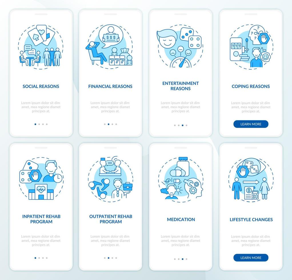 Gambling psychology blue onboarding mobile app screen set. Addiction walkthrough 5 steps graphic instructions pages with linear concepts. UI, UX, GUI template. Myriad Pro-Bold, Regular fonts used vector